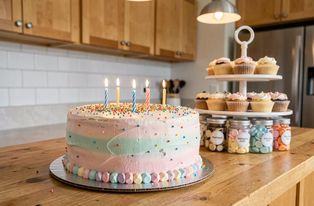 Gâteau d'anniversaire fait maison avec des bougies et une table de desserts décorée pour une fête enfantine à la maison