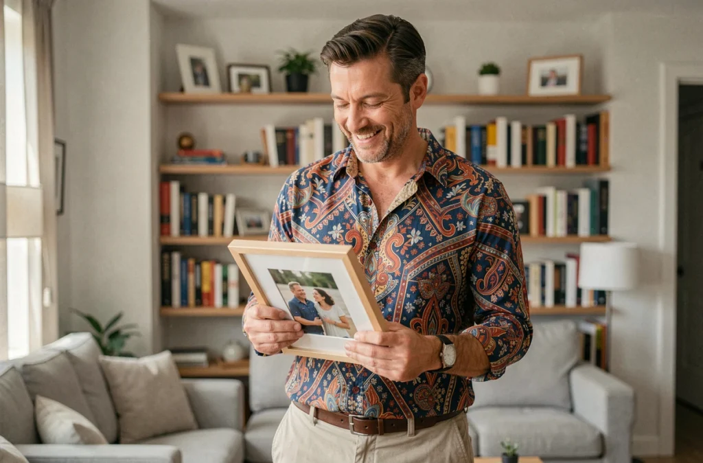Homme tenant une photo encadrée dans un appartement moderne, évoquant une histoire d'amour et de rencontre importante dans la vie de Jarry