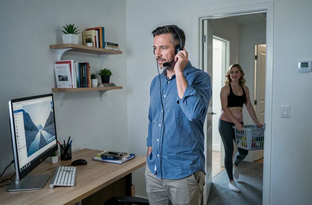 Homme en réunion téléphonique dans son bureau à domicile pendant que sa partenaire gère les tâches ménagères, montrant le partage des responsabilités en télétravail