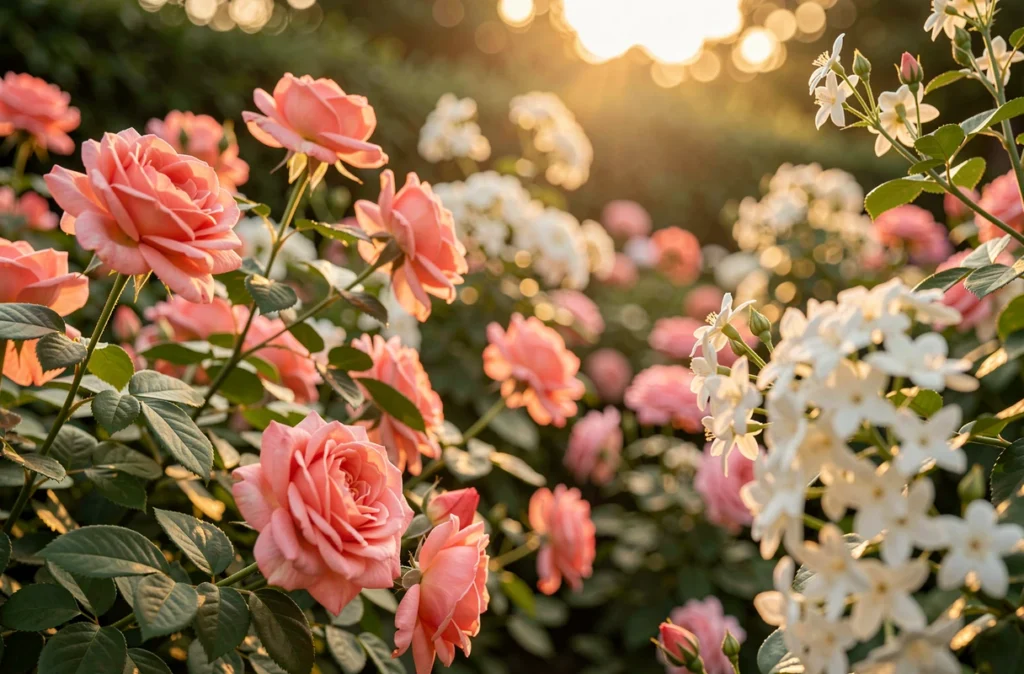 Jardin de roses et de jasmin à la lumière du soir