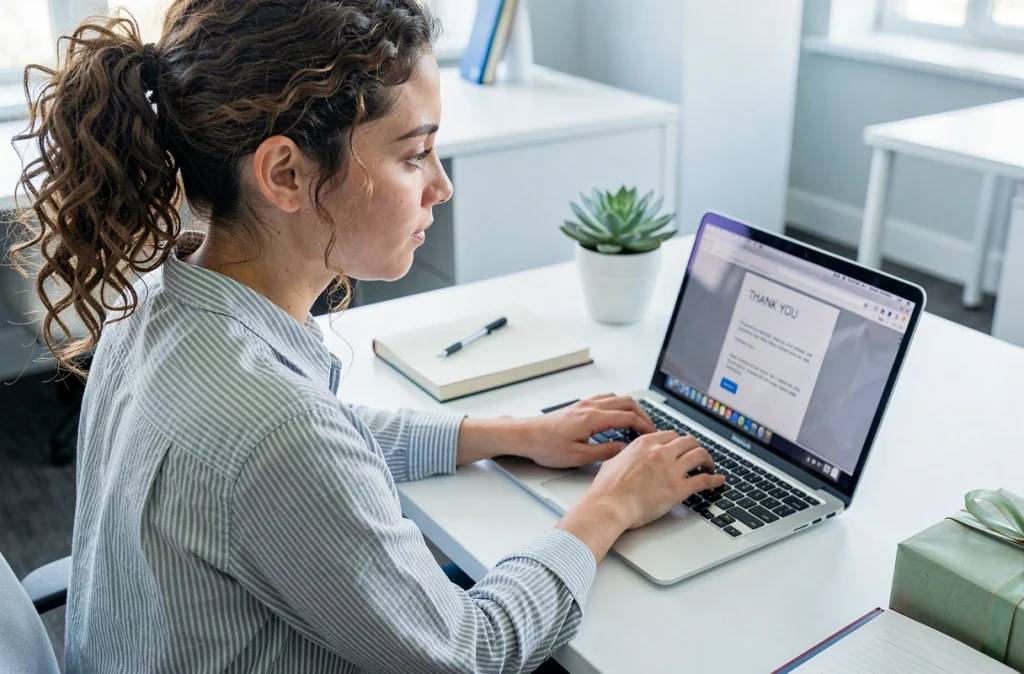 Jeune femme rédigeant un message de remerciement professionnel sur son ordinateur portable