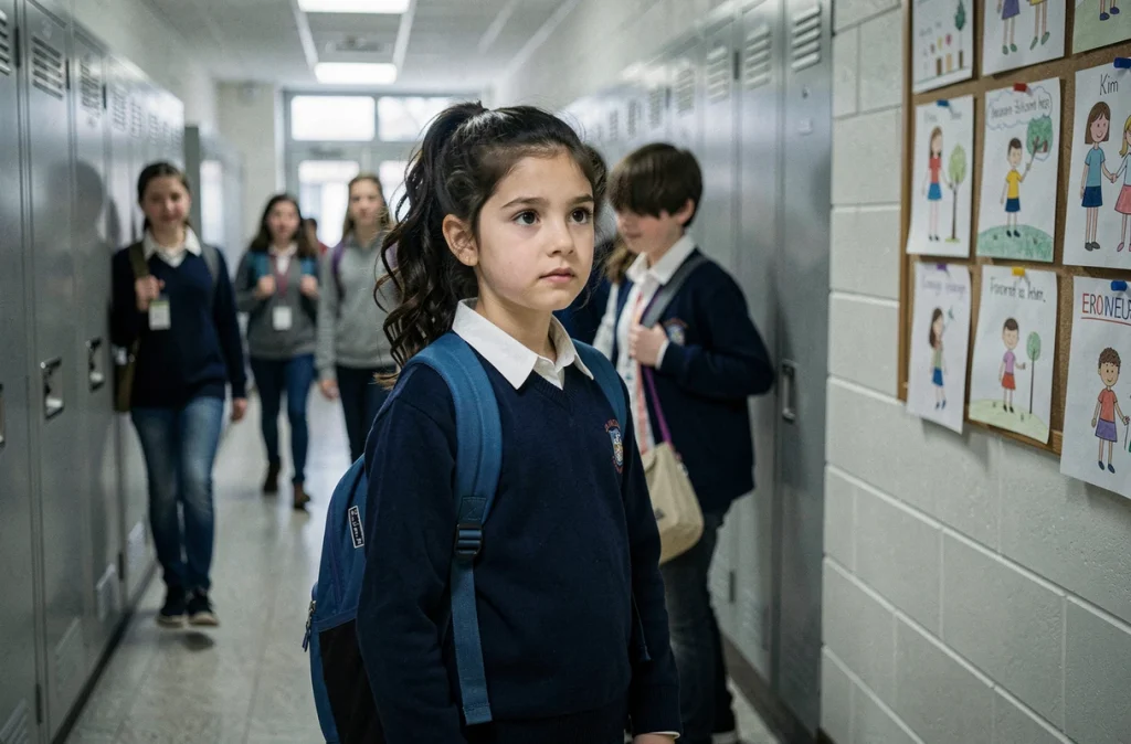 Jeune fille seule dans un couloir de collège français, regard hésitant illustrant la stigmatisation en classe ULIS