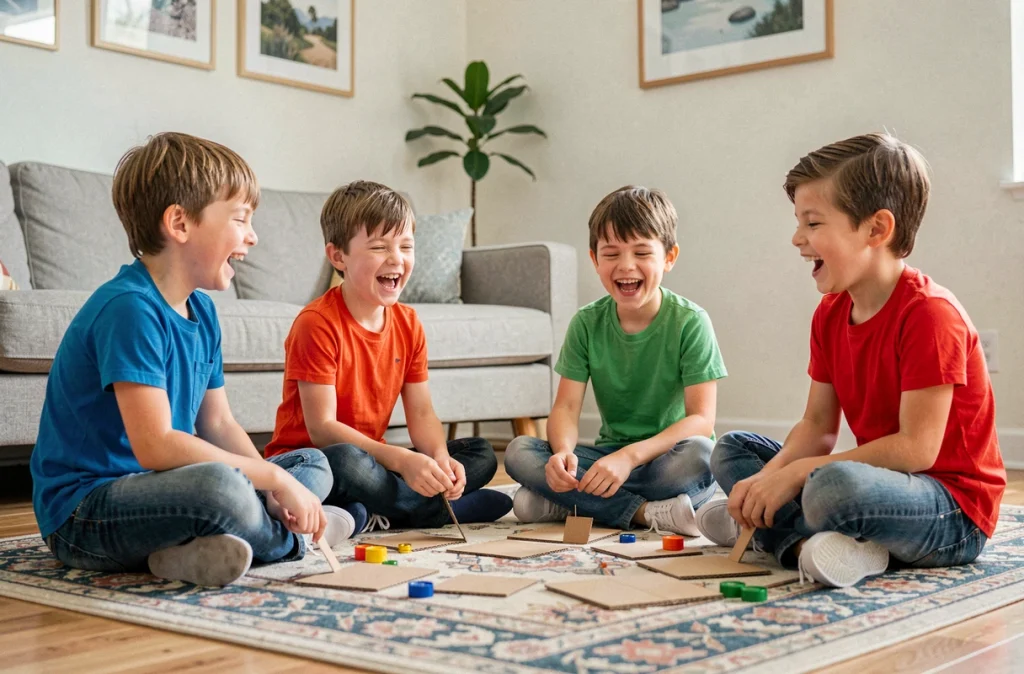 Groupe d'enfants jouant à des jeux d'anniversaire sur le sol du salon lors d'une fête à la maison
