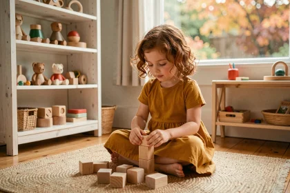 Petite fille assemblant des jouets en bois écologiques certifiés sur un plancher en bois dans une salle de jeux scandinave