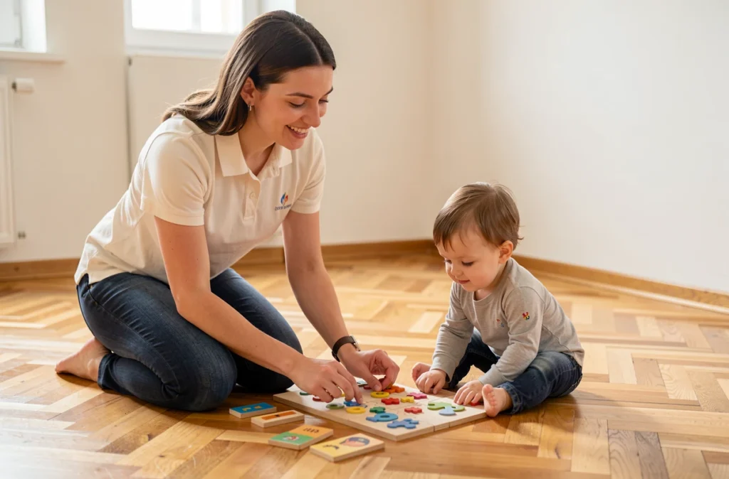 Baby-sitter professionnelle de Kangourou Kids aidant un enfant avec un puzzle dans un appartement strasbourgeois