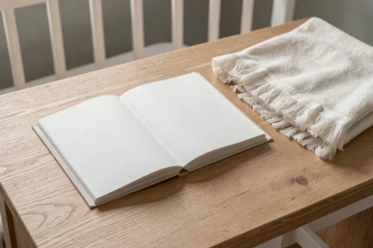 Livre de prénoms ouvert posé près d'une couverture de bébé