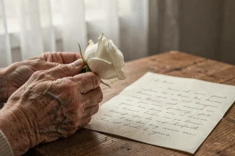 Mains d'une femme âgée tenant une rose blanche posée sur une lettre manuscrite, évoquant le souvenir d'une maman décédée