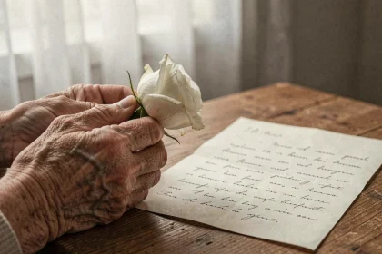 Mains d'une femme âgée tenant une rose blanche posée sur une lettre manuscrite, évoquant le souvenir d'une maman décédée