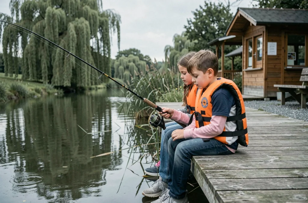 Deux enfants pêchant sur un ponton au bord de l'eau à la Maison de la Pêche et de la Nature des Hauts-de-Seine