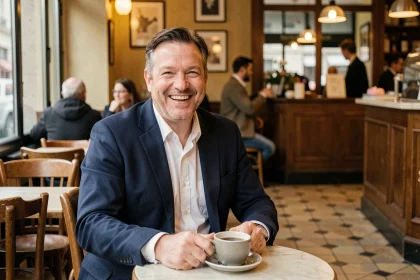 Portrait d'un homme souriant dans un café parisien, illustrant la vie personnelle et amoureuse de l'humoriste Jarry