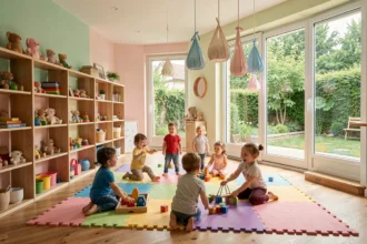 Vue d'ensemble d'une micro-crèche en Auvergne-Rhône-Alpes avec des tout-petits jouant dans une salle colorée et chaleureuse