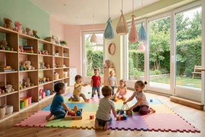 Vue d'ensemble d'une micro-crèche en Auvergne-Rhône-Alpes avec des tout-petits jouant dans une salle colorée et chaleureuse