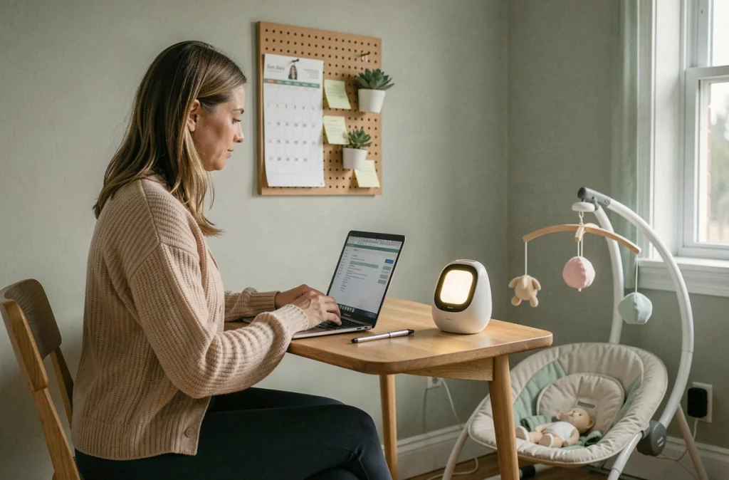 Mère en congé parental travaillant depuis son bureau à domicile avec un écoute-bébé à portée de main