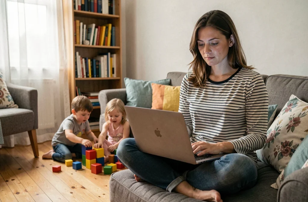 Mère seule travaillant sur son ordinateur portable dans son salon pendant que ses enfants jouent, illustrant le quotidien des familles monoparentales bénéficiant de nouveaux droits