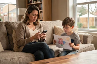 Mère distraite par son smartphone ignorant son fils qui lui montre un dessin dans le salon familial