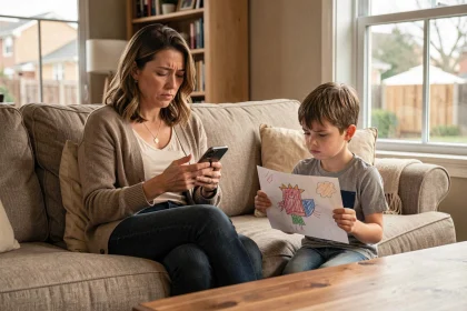 Mère distraite par son smartphone ignorant son fils qui lui montre un dessin dans le salon familial