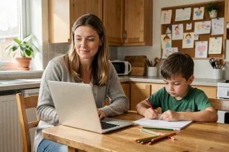 Mère en télétravail à la table de cuisine avec son enfant faisant ses devoirs, illustrant l'organisation familiale liée au travail à domicile