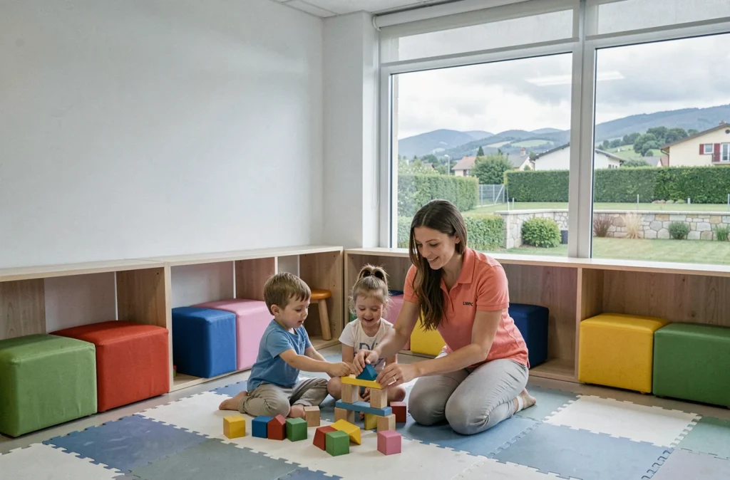 Éducatrice animant un jeu de construction avec des enfants dans la micro-crèche Infans à Colombier-Saugnieu