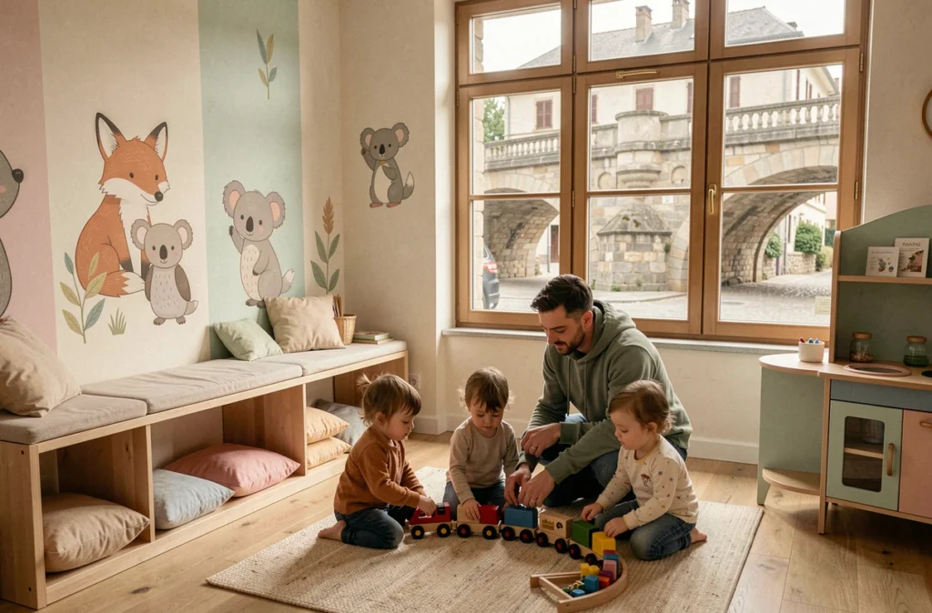 Éducateur jouant au train en bois avec des enfants dans la micro-crèche KoalaKids à Pont-de-Beauvoisin