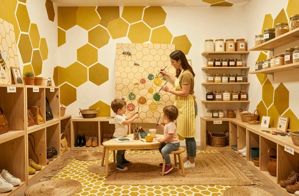 Éducatrice supervisant une activité artistique collective dans la micro-crèche La Ruche Aux Abeilles, avec décor en nid d'abeilles et tons dorés