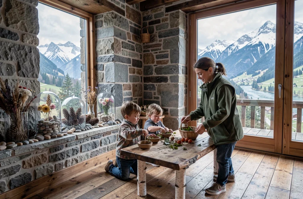 Éducatrice guidant des enfants dans une activité de tri naturel à la micro-crèche Les Petites Découvertes à Contamine-sur-Arve, avec vue sur les Alpes