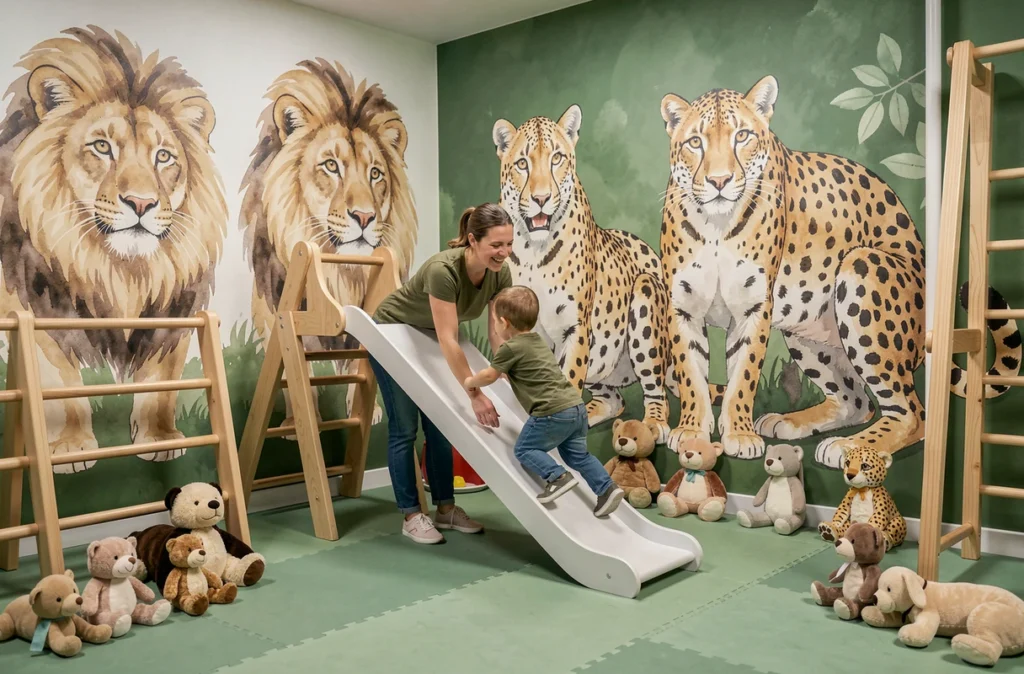 Éducatrice aidant un enfant sur un toboggan dans la micro-crèche Les Petits Félins de Flo à Gières, décorée avec des illustrations de grands félins