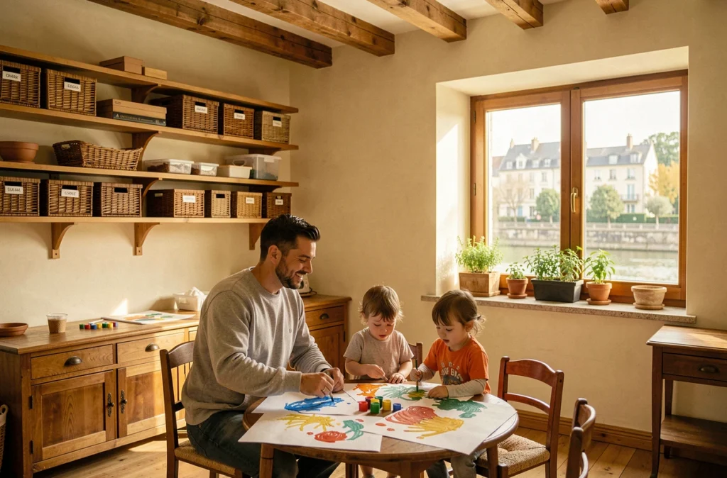 Éducateur encadrant une activité de peinture avec des enfants dans la micro-crèche Simon Rousseau à Fontaines-sur-Saône