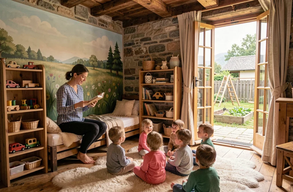 Éducatrice lisant à des enfants dans la micro-crèche Val'heureux et Fier à Val-de-Fier, avec vue sur le jardin savoyard