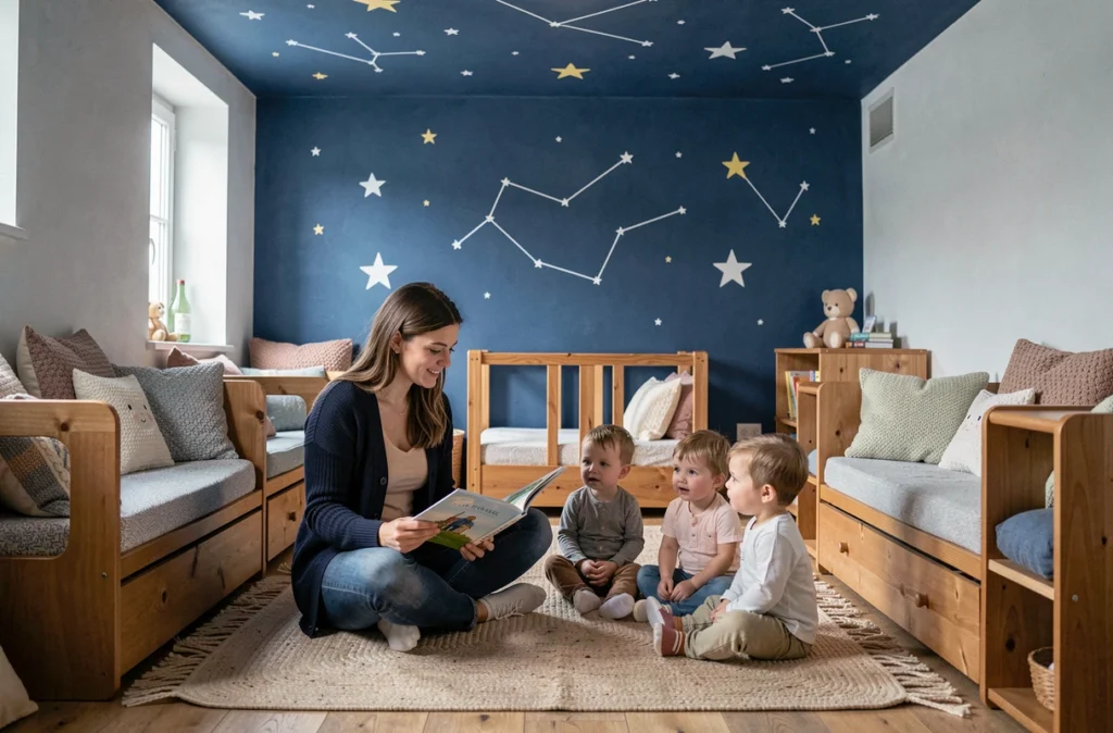 Éducatrice lisant une histoire à des enfants dans la micro-crèche Youbee For Kids Bonnetoile à Valence, avec décor étoilé et ambiance chaleureuse