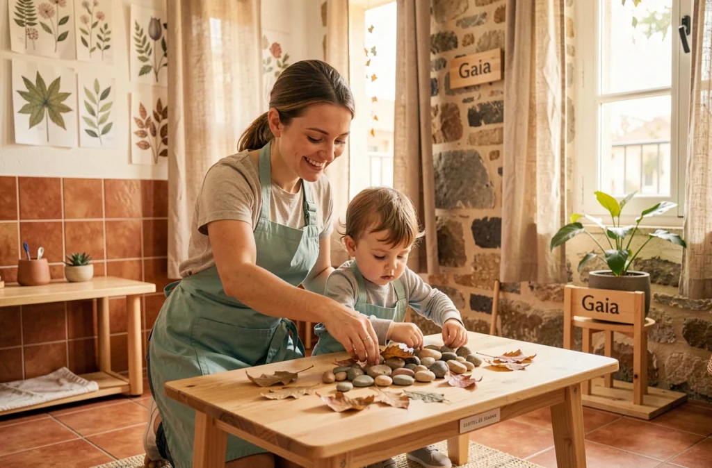 Éducatrice accompagnant un tout-petit lors d'une activité sensorielle inspirée de la nature dans la micro-crèche Youbee For Kids Gaïa à Portes-lès-Valence