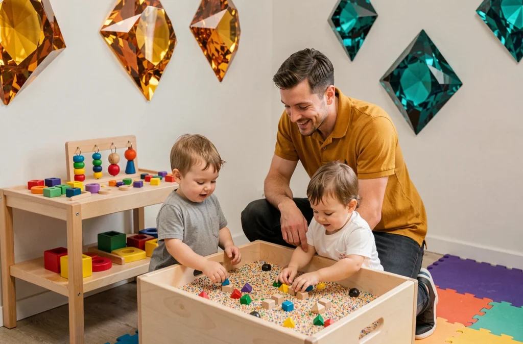 Éducateur et enfants explorant un bac sensoriel dans la micro-crèche Youbee For Kids Topaze à Saint-Marcel-lès-Valence