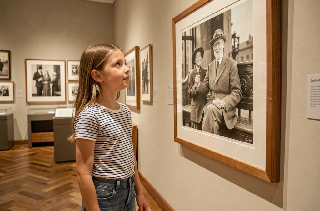 Une fillette contemplant les autochromes historiques exposés au Musée Départemental Albert-Kahn à Boulogne-Billancourt