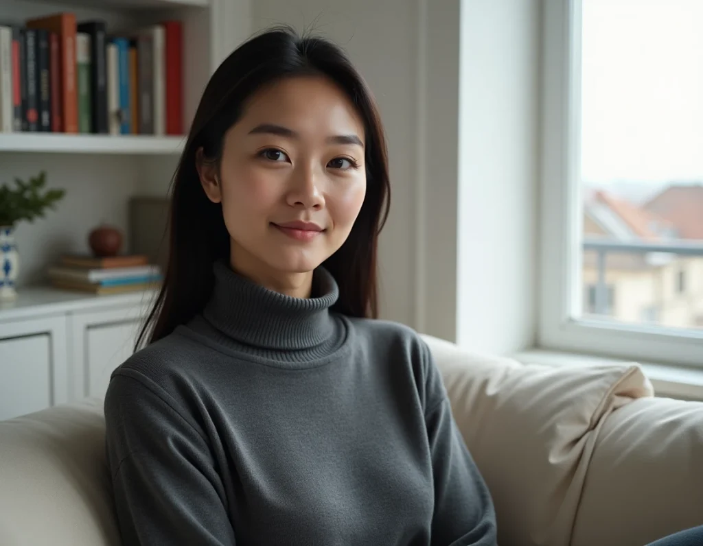 Portrait intime d'une femme franco-vietnamienne en col roulé gris dans un appartement parisien minimaliste, illustration du profil de Nathalie Thu Huong Lagier