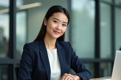 Portrait éditorial d'une femme franco-vietnamienne en blazer marine dans un bureau moderne, illustrant le profil de Nathalie Thu Huong Lagier