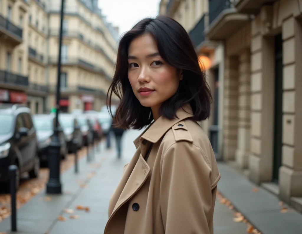 Femme franco-vietnamienne en imperméable beige dans une rue parisienne haussmannienne en automne, évoquant le profil public de Nathalie Thu Huong Lagier