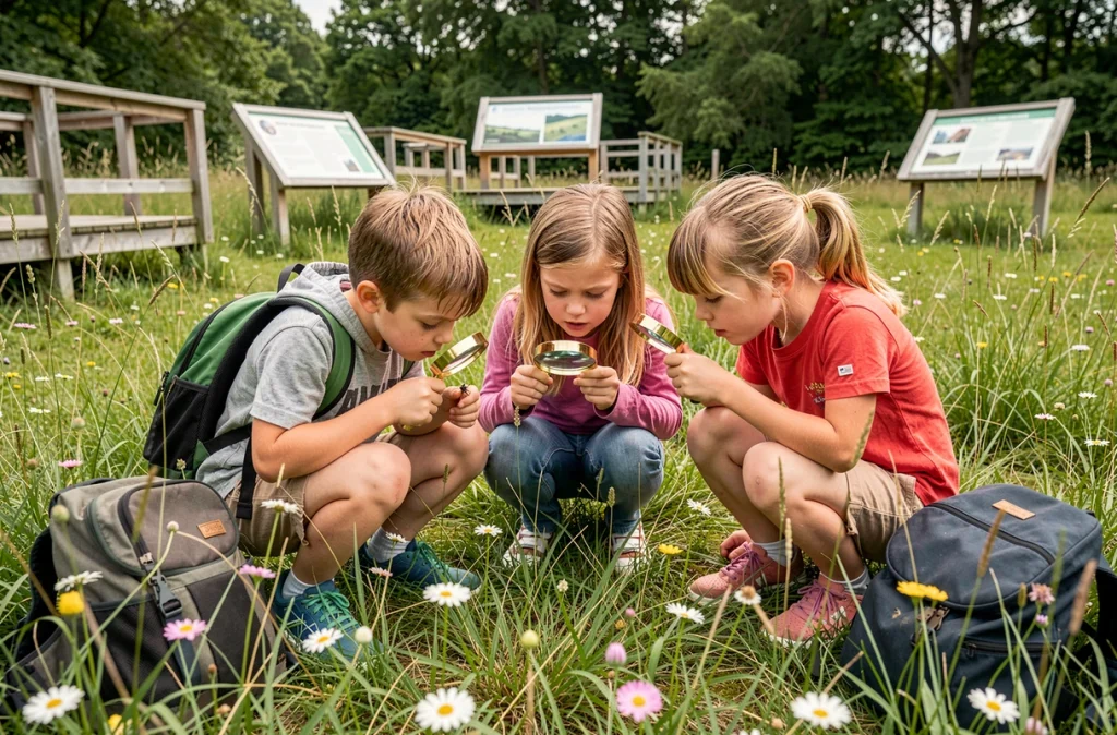 Des enfants explorant la nature avec des loupes dans un espace naturel pédagogique du Naturoscope des Hauts-de-Seine