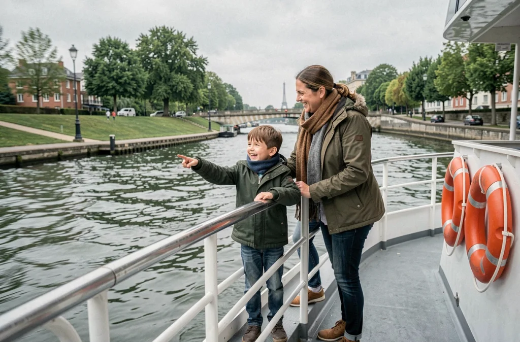 Une famille profitant d'un trajet en navette fluviale sur la Seine dans les Hauts-de-Seine, observant les berges depuis le bateau