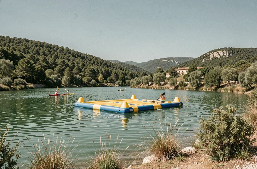 Parcours aquatique flottant sur le lac naturel de Saint-Cassien à Montauroux entouré de forêts méditerranéennes et de collines provençales