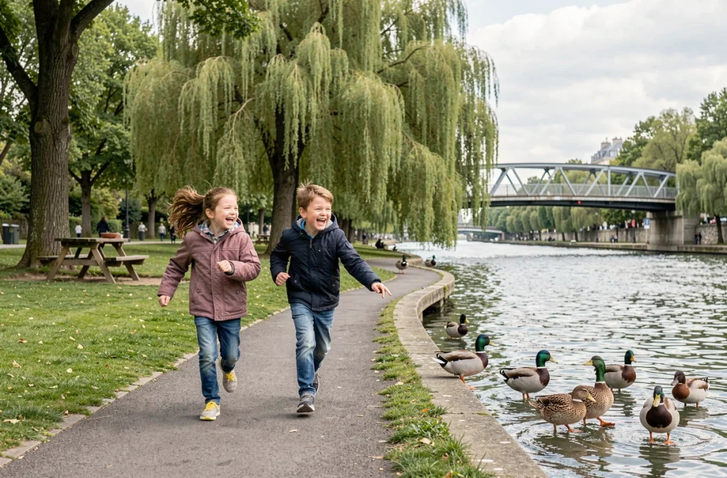 Deux enfants courant et observant des canards le long du chemin de halage du Parc de l'Île Saint-Germain à Issy-les-Moulineaux
