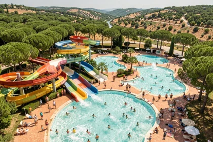 Vue aérienne d'un parc aquatique en Provence-Alpes-Côte d'Azur avec toboggans colorés et piscines à vagues entourés de végétation méditerranéenne