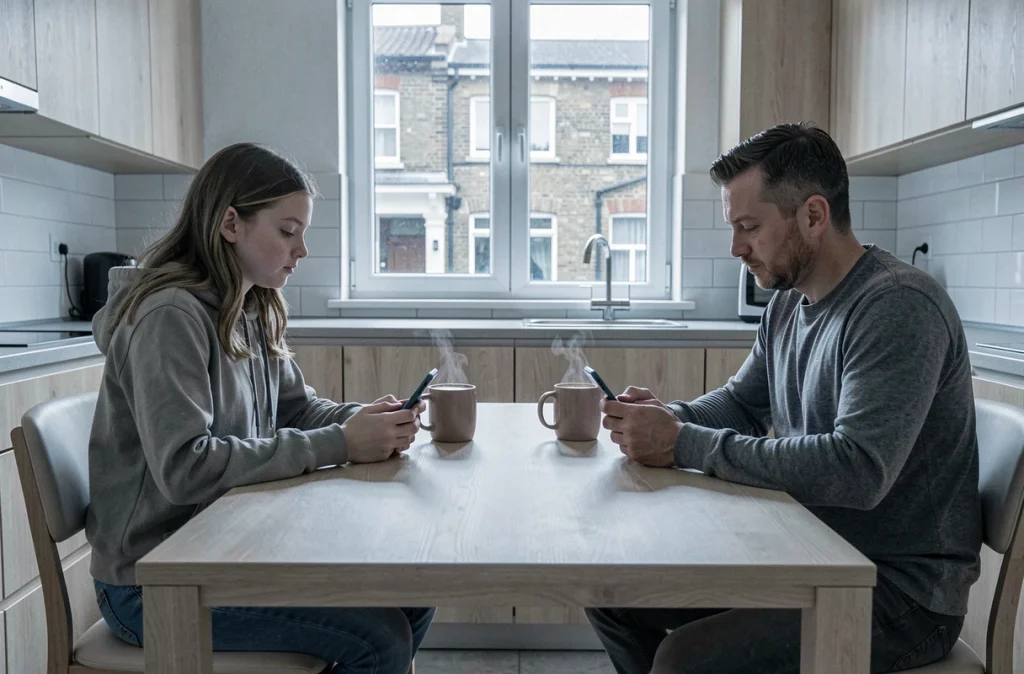 Père et adolescente chacun sur leur téléphone à la table de cuisine sans interaction, illustrant l'impact des réseaux sociaux