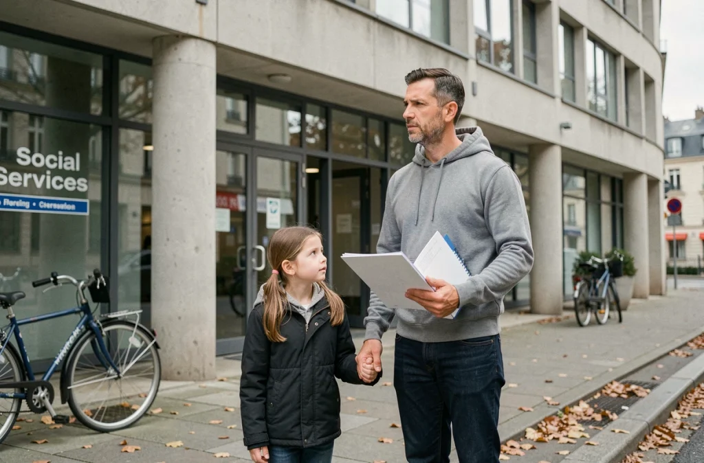 Père célibataire et sa fille devant un bureau des services sociaux, symbolisant l'accès aux nouveaux droits pour les familles monoparentales