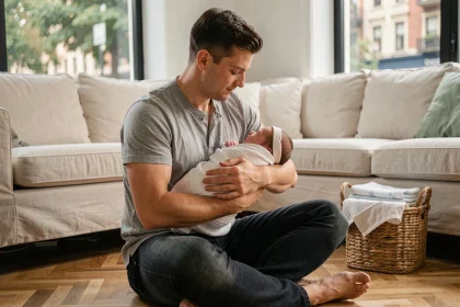 Jeune père en congé parental tenant son nouveau-né dans ses bras dans un salon chaleureux