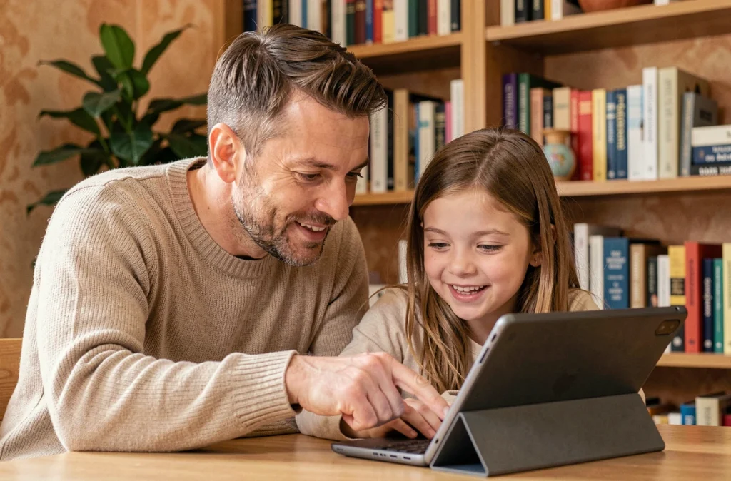 Père et fille partageant un moment positif devant une tablette numérique dans un bureau familial, usage encadré des écrans