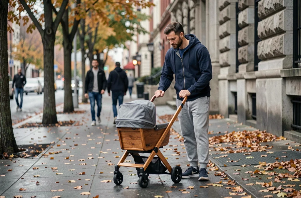 Père promenant son enfant en poussette sur un trottoir urbain en automne, évoquant la présence paternelle au quotidien grâce au congé paternité