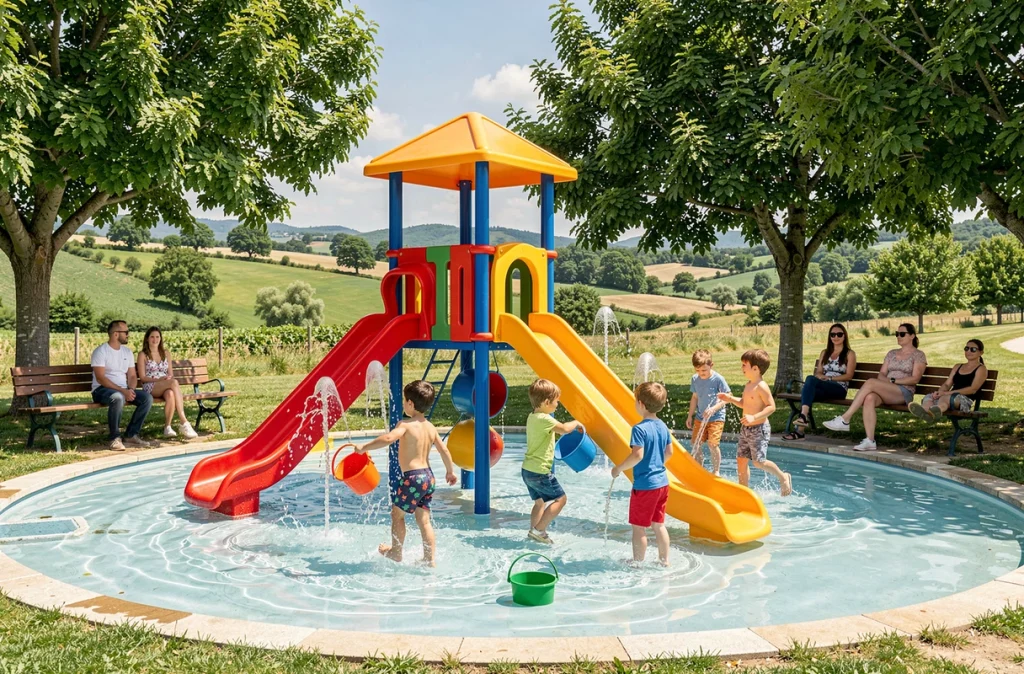 Enfants jouant dans l'aire aquatique colorée du Play Park à Puget-sur-Argens avec jets d'eau et petits toboggans