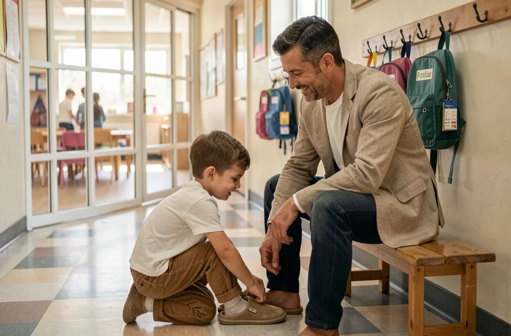 Papa aidant son fils à se préparer dans le couloir de l'école maternelle à la rentrée
