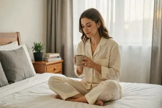 Jeune femme en pyjama lin crème tenant une tasse de tisane assise sur un lit blanc dans une chambre apaisante, rituel du coucher