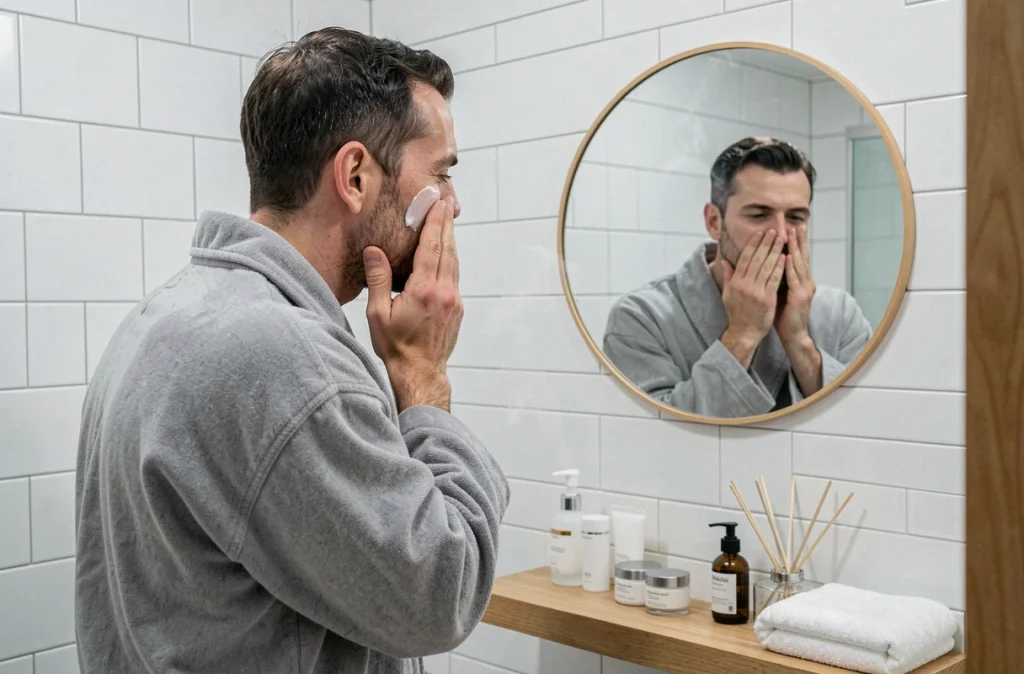 Homme en robe de chambre grise appliquant une crème visage devant un miroir dans une salle de bain minimaliste, soin du soir avant le coucher