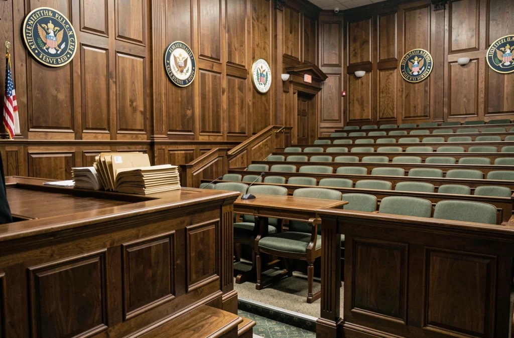 Salle d'audience vide au tribunal des enfants, symbolisant l'absence d'un parent à une convocation judiciaire